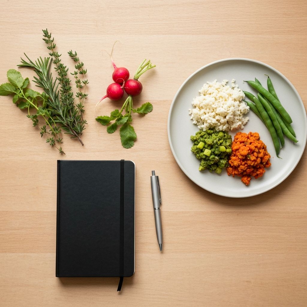 Thoughtful meal setting with notebook