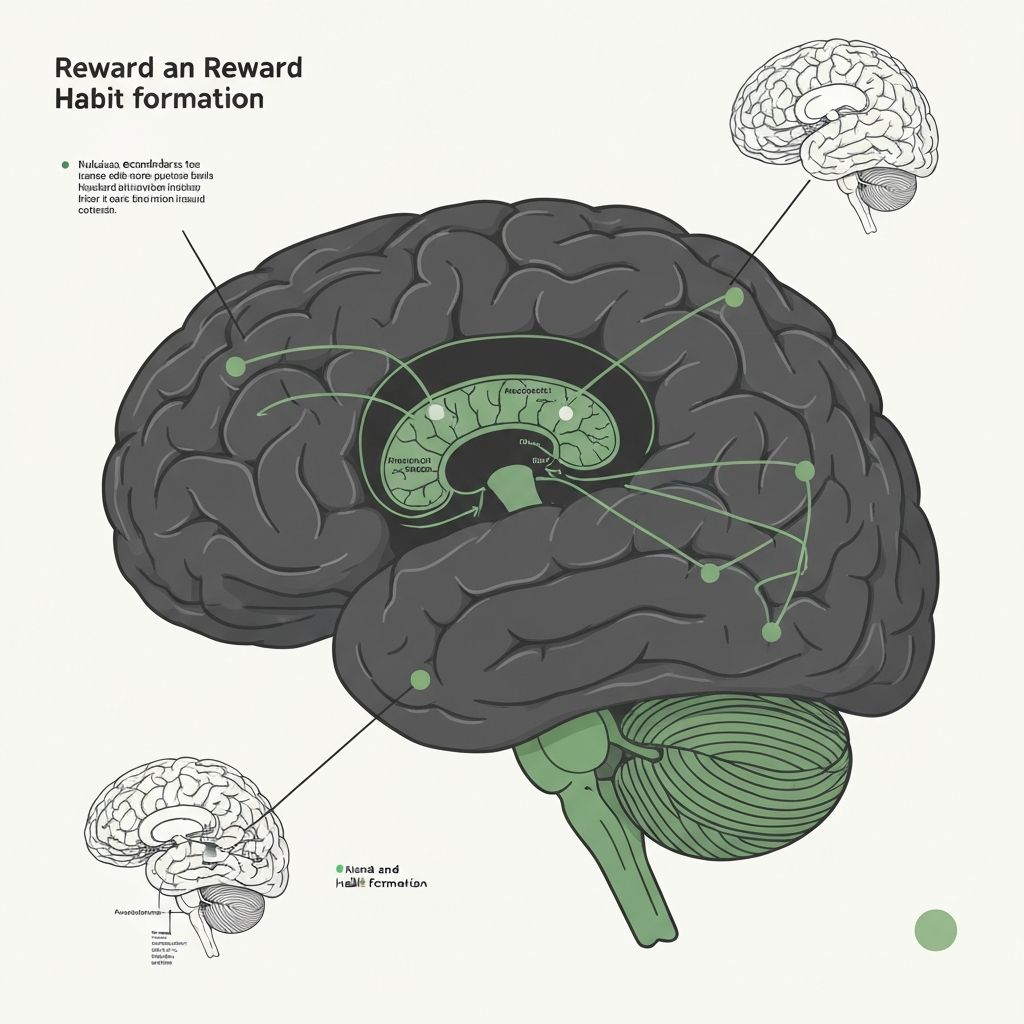 Brain illustration showing reward and habit formation pathways
